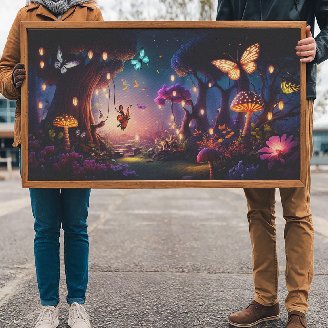 Vibrant Fantasy Forest Wall Art The Forest Floor Bioluminescent Glowing Butterflies Gift Framed Print - Image 3