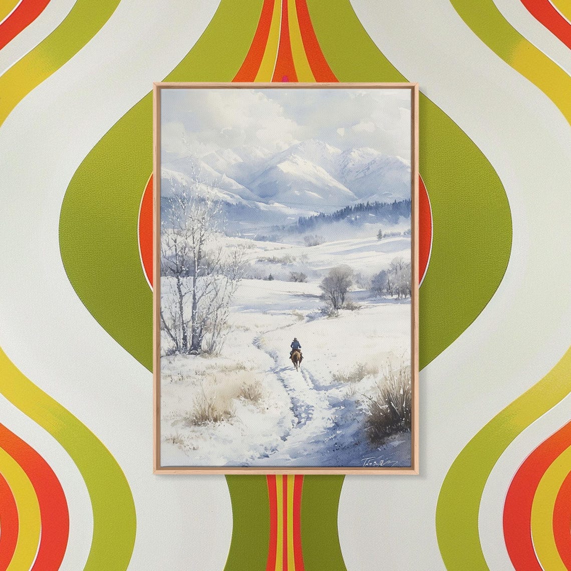 Western Rider In Snow Horseback Mountain Winter Watercolor Wall Art - Image 5