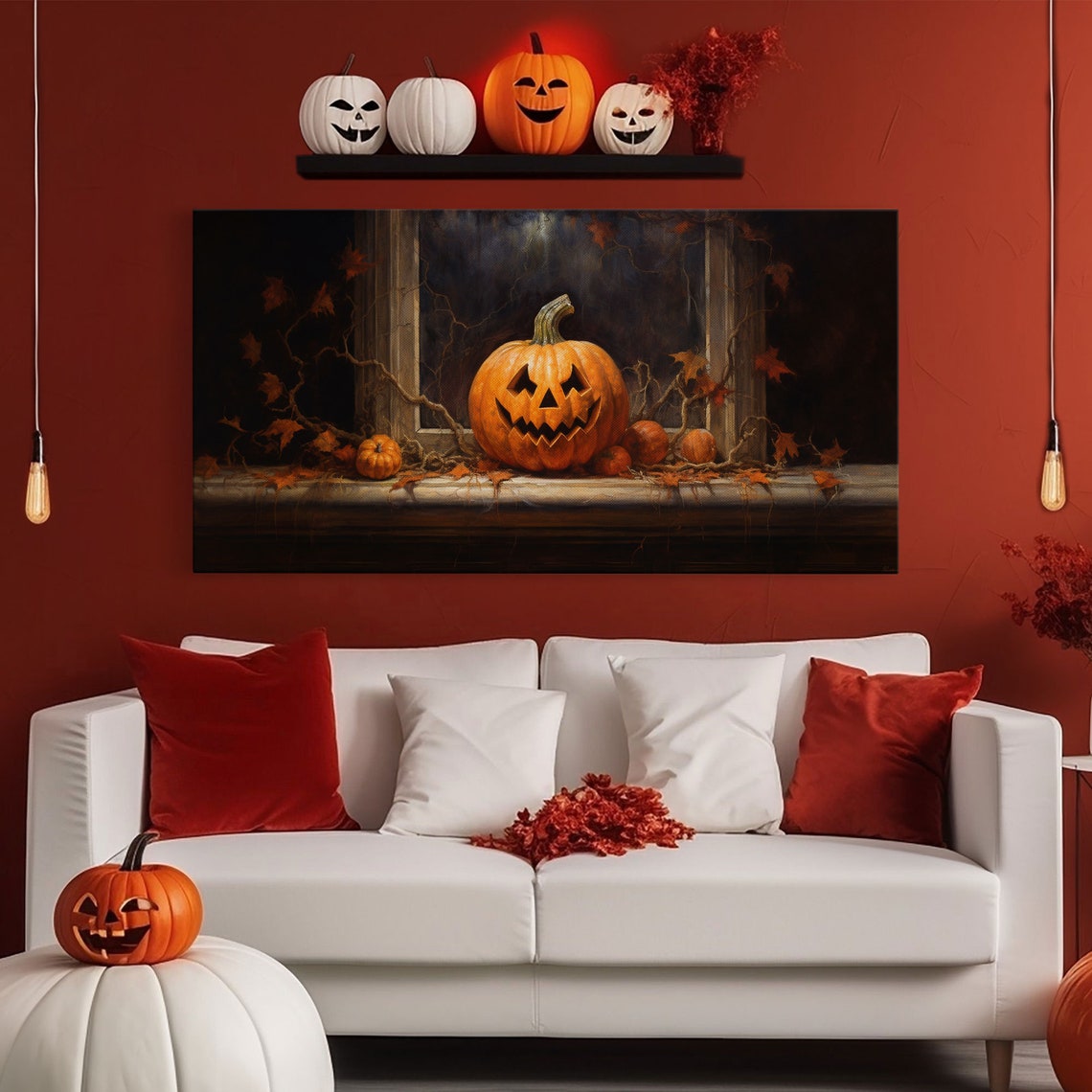 Jack O Lantern On Moonlit Window Sill With Vines Halloween Print - Image 6