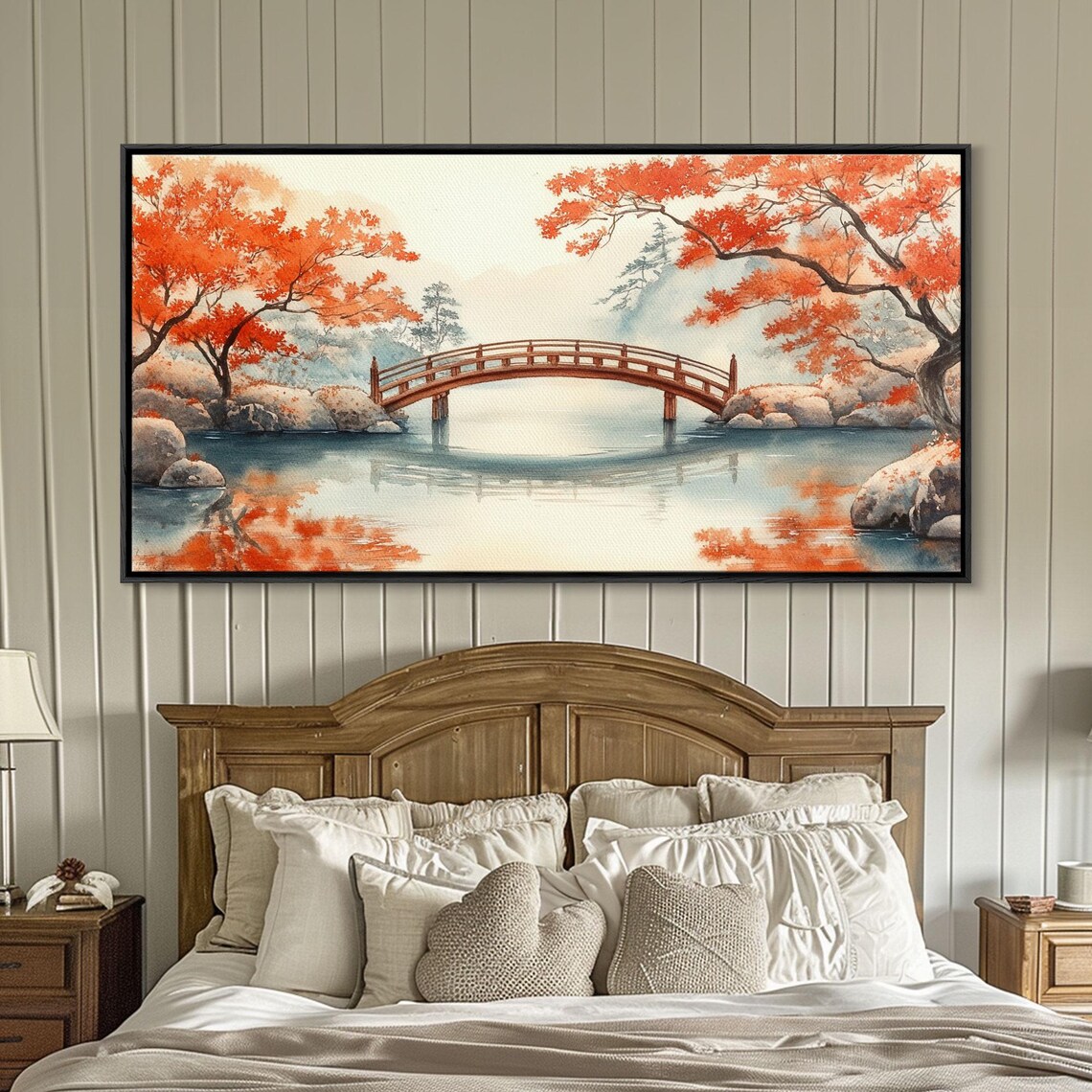 Red Arched Bridge Japanese Garden Autumn Pond Reflections Art Print
