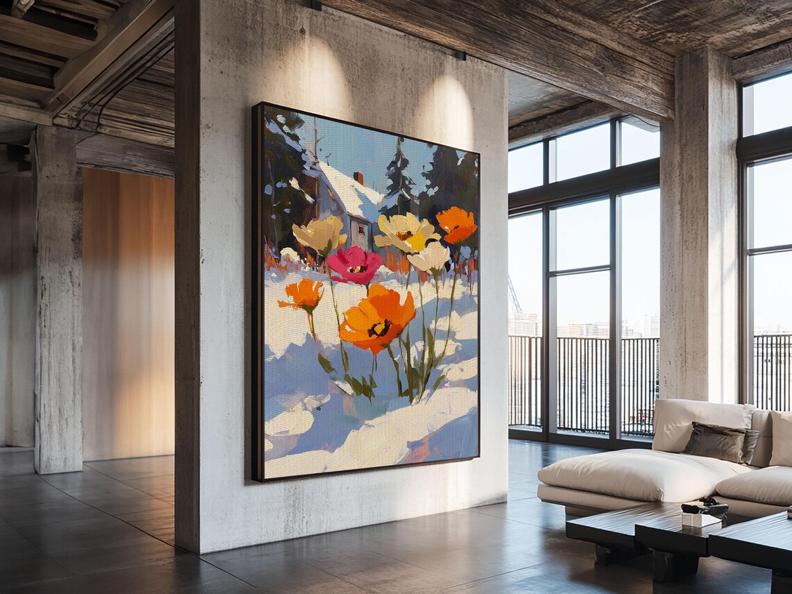 Wildflowers In Snow Orange Poppies Winter Cottage Art Poster - Image 4