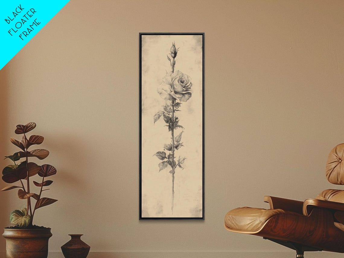 Black And White Rose Sketch Aged Background Botanical Wall Art - Image 3