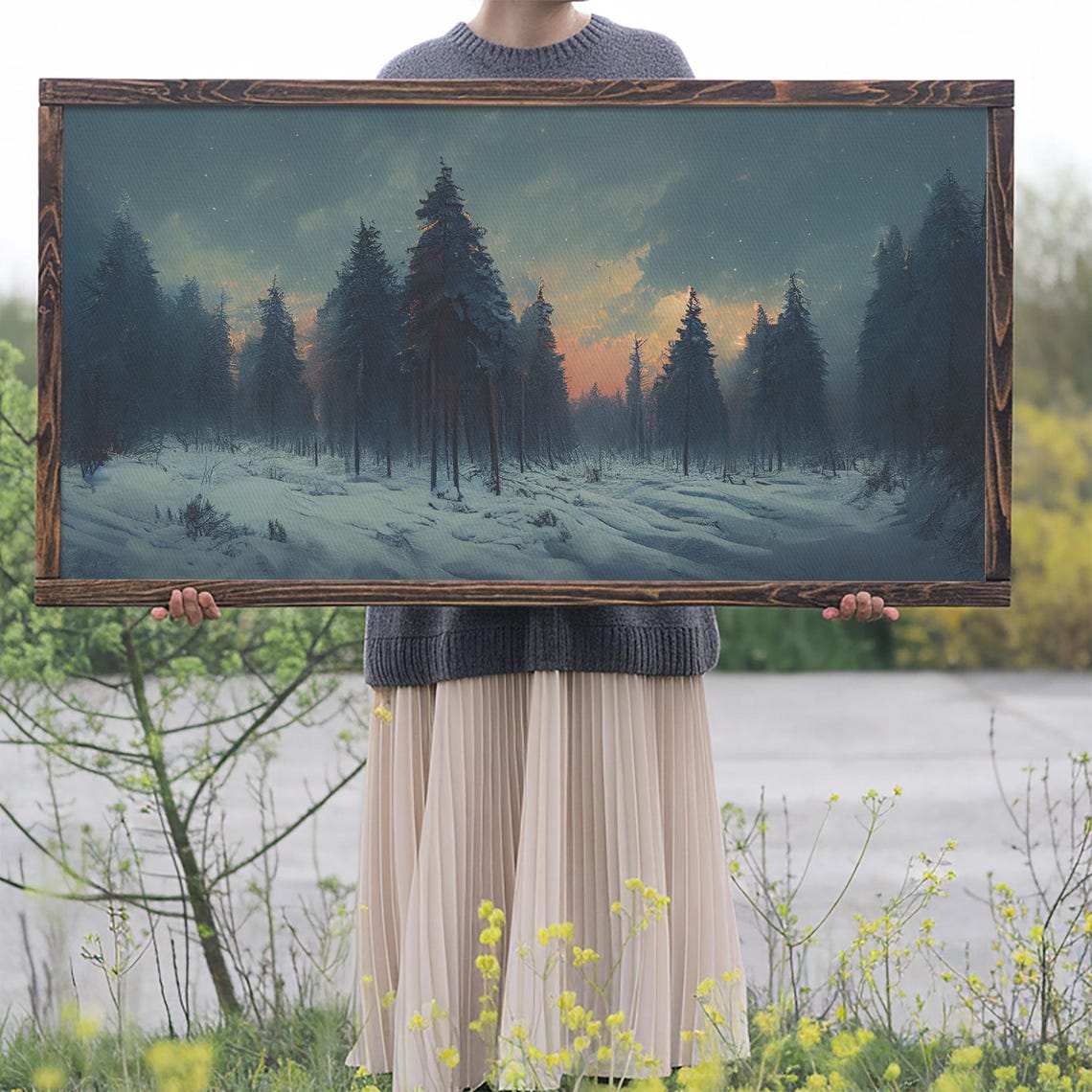 Snowy Forest Dusk Orange Horizon Dark Pines Winter Night Wall Art - Image 2