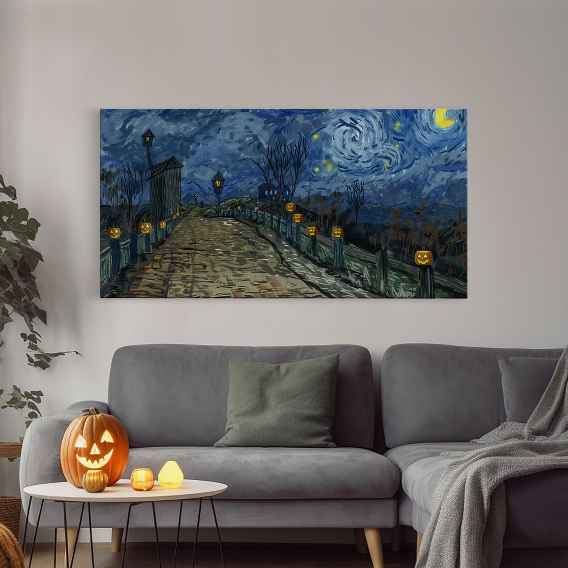 Starry Night Haunted Bridge Jack O Lanterns Moonlit Walkway Halloween Poster - Image 4