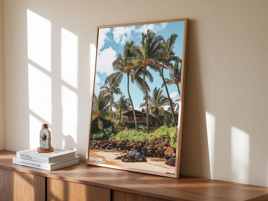 Tropical Beach House Print Hawaii Art Coastal Landscape Rustic Nautical Decor Seaside Living Room Framed Wall Art - Image 2
