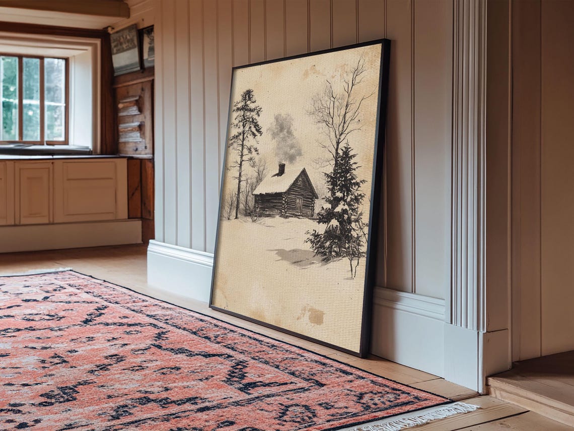 Vintage Snow Covered Log Cabin in Winter Forest Sketch Art Poster - Image 5
