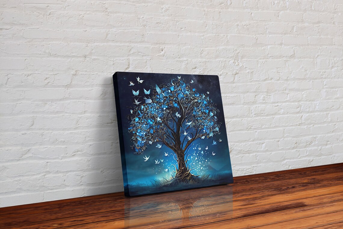 Glowing Blue Butterflies In A Fantasy Tree, Art Print - Image 3