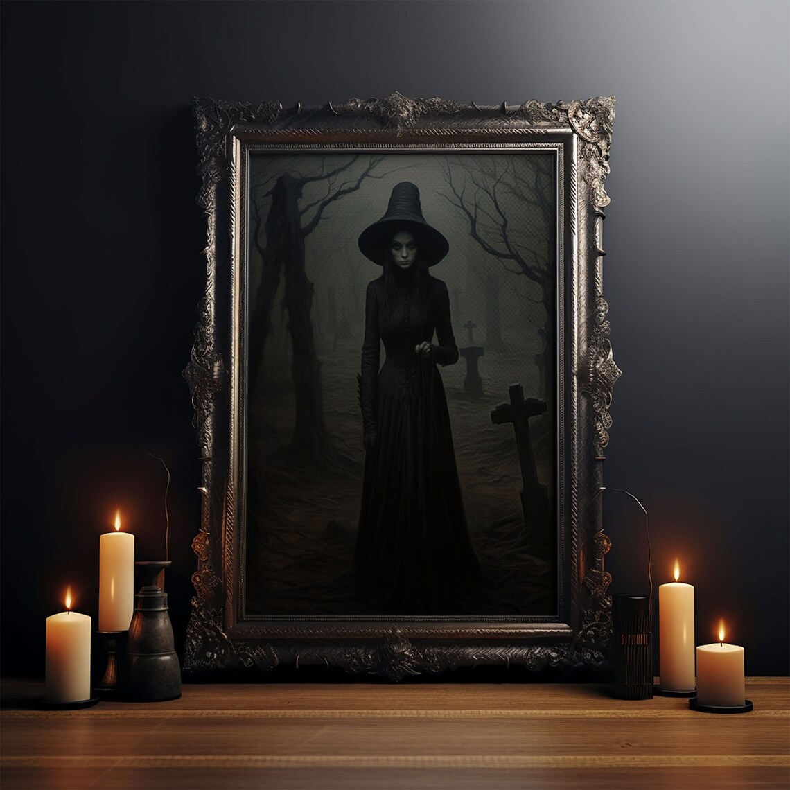 The Witch in the Cemetery, Vintage Halloween Poster - Image 3
