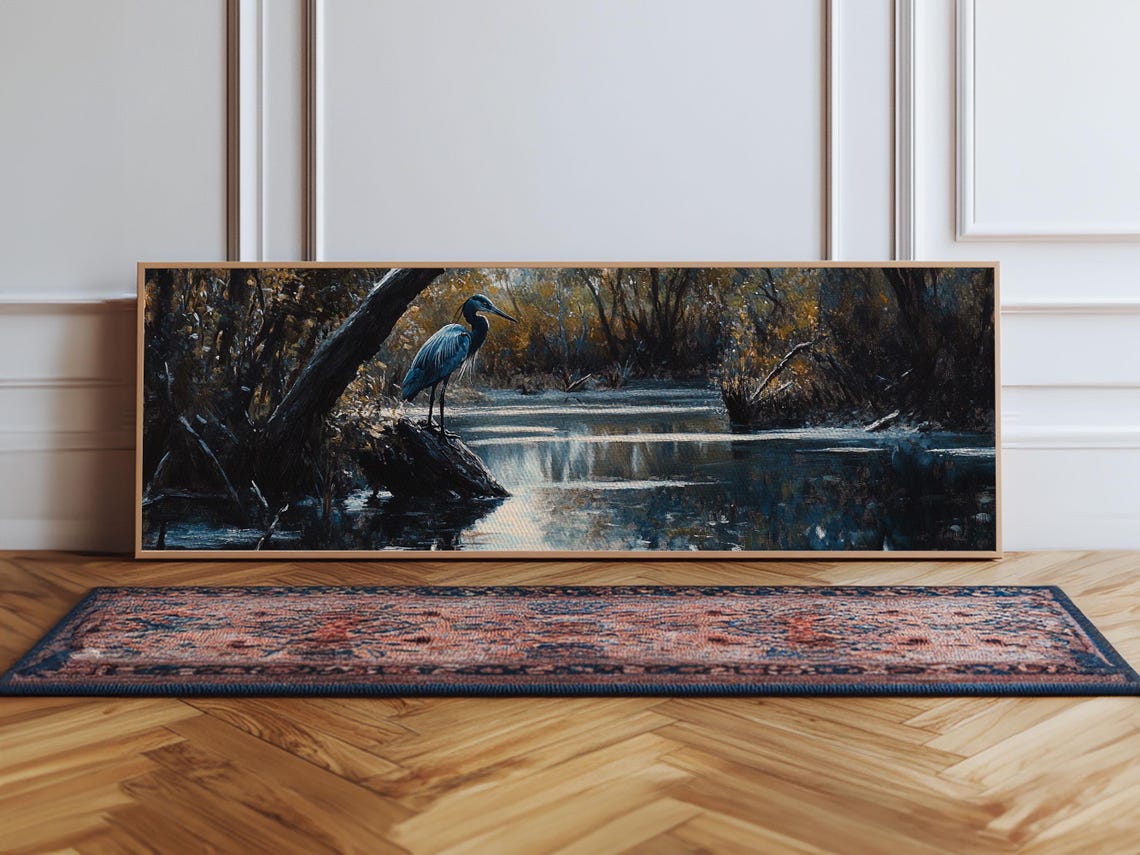 Great Blue Heron In Dark Marsh Water Panoramic Wildlife Painting Print - Image 6
