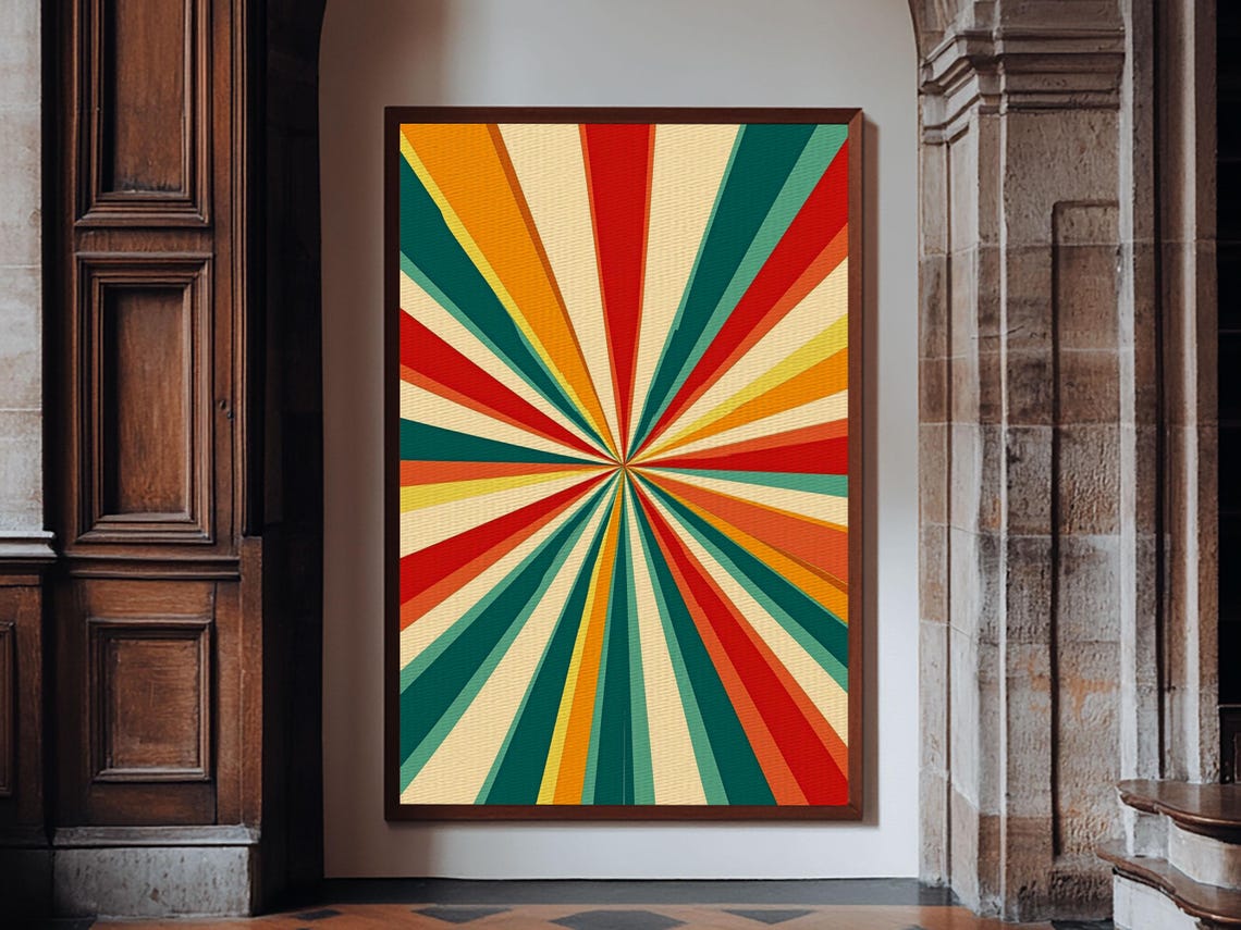 Mid Century Sunburst Rays Red Teal Orange Cream Square Geometric Print - Image 5