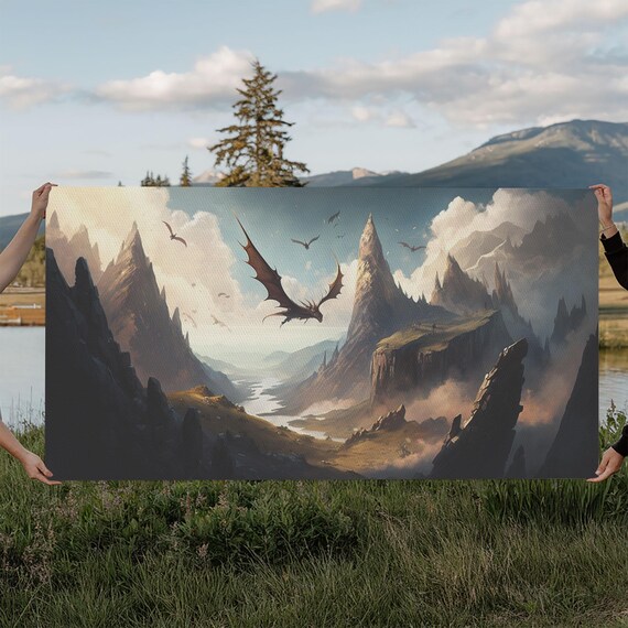 Dragons In Flight Over A Valley Fantasy Art Framed Print Medieval Fantasy Art Fire Breathing Dragons
