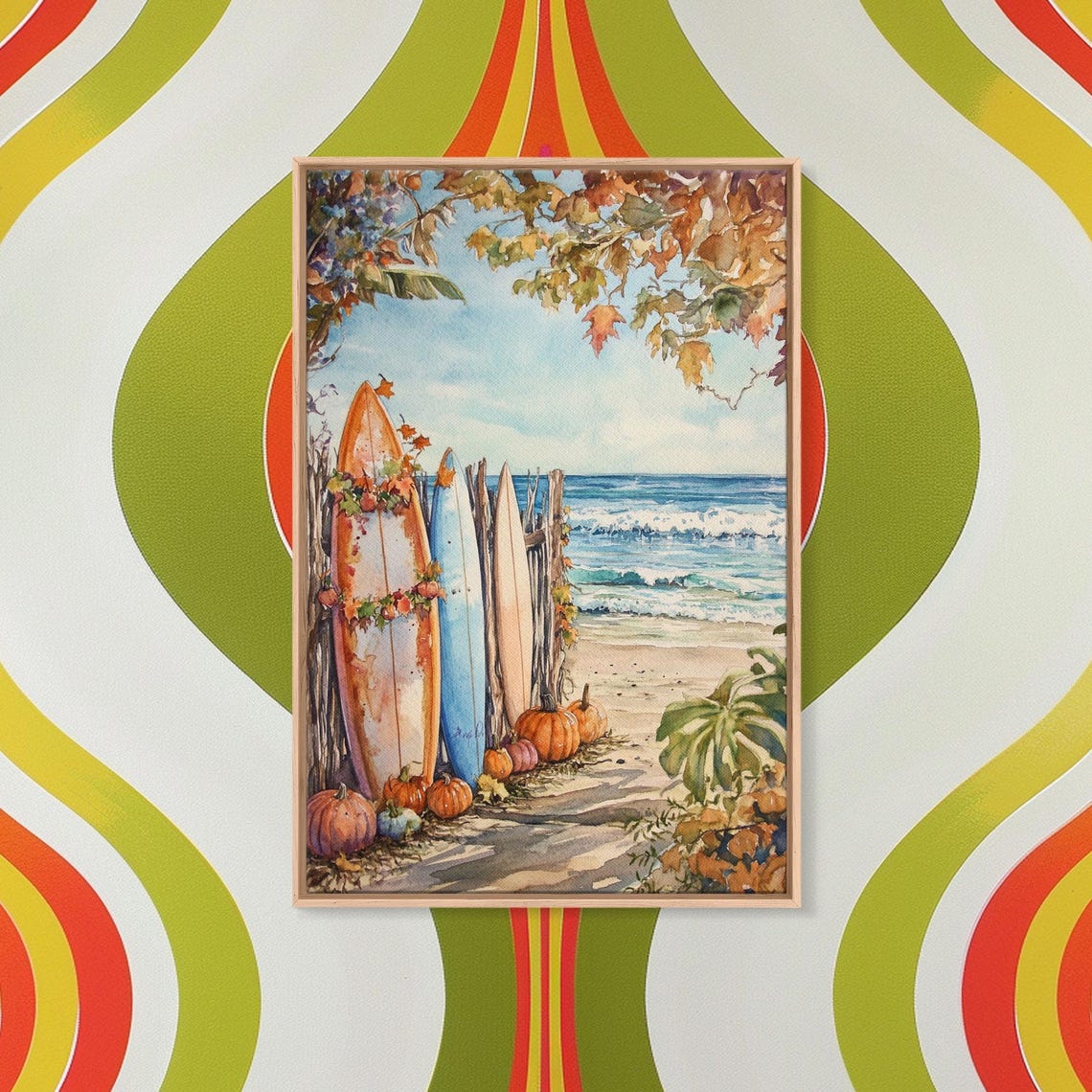 Surfboards In The Fall Surfer Thanksgiving Wall Art Framed Print Tropical Decor Beach Art - Image 3