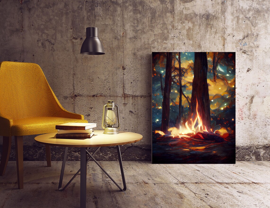 Night Stars Campfire in Woods, Tree Landscape Art Print - Image 2