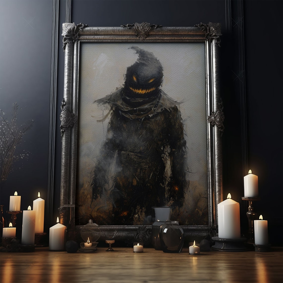 Scarecrow With Glowing Eyes In Dark Misty Field Spooky Art Poster - Image 5