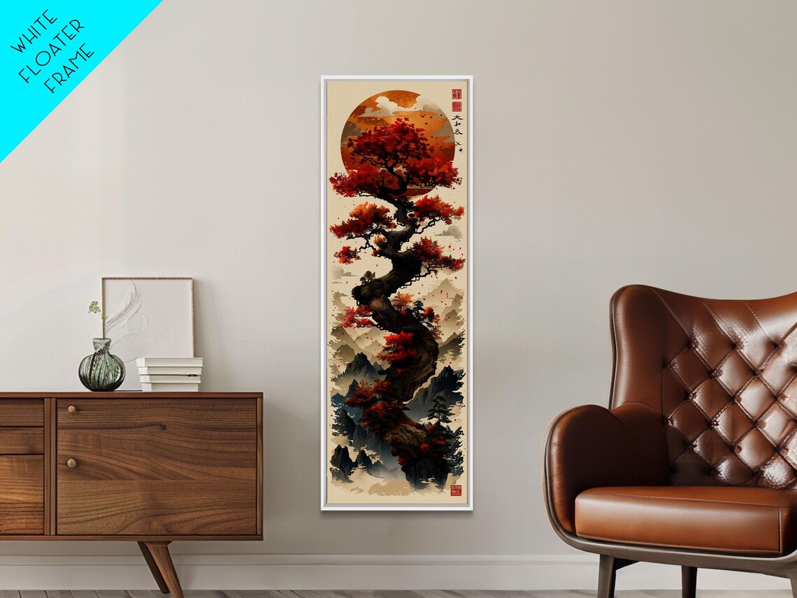 Majestic Bonsai Tree Under Golden Sun Red Leaves Tall Art Print - Image 2
