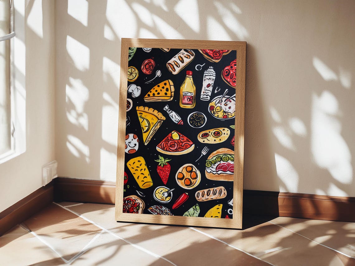 Fun Food Doodle Pattern Pizza Burger Tacos Black Kitchen Poster - Image 5