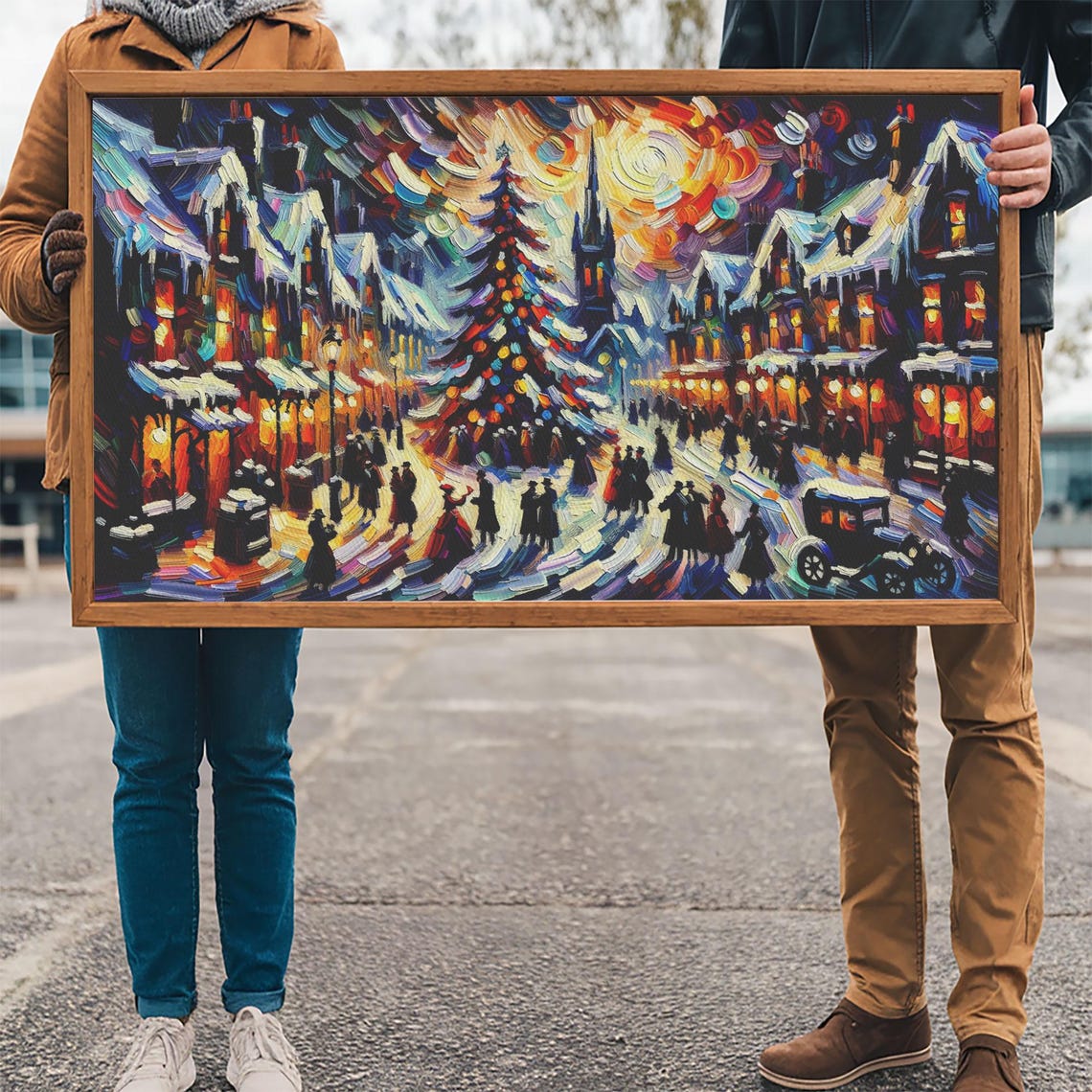 Impasto Christmas Street Crowd With Tree And Church Holiday Wall Art - Image 3