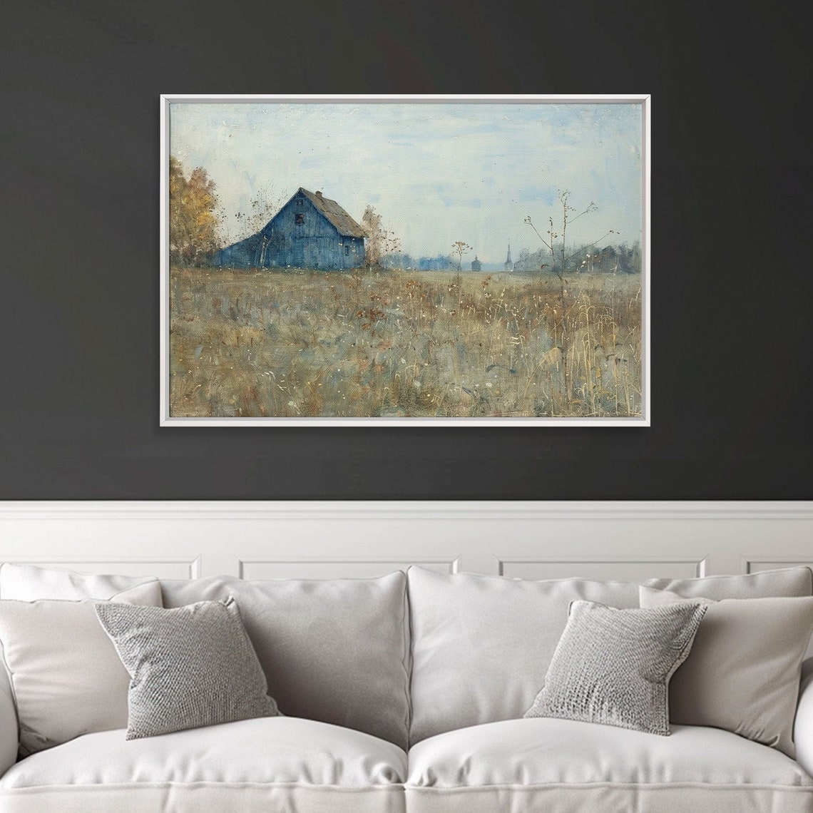Old Blue Barn Folk Art Painting Field Tall Dry Grass Rustic Wall Art - Image 6