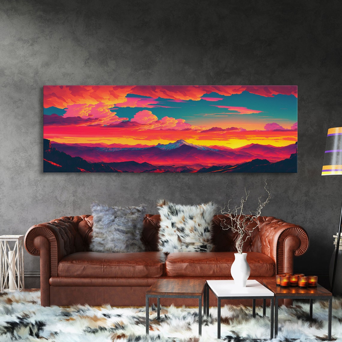 Panoramic Framed For Living Room Bedroom Synthwave Mountain Landscape Painting Beautiful Landscape Art Print - Image 3