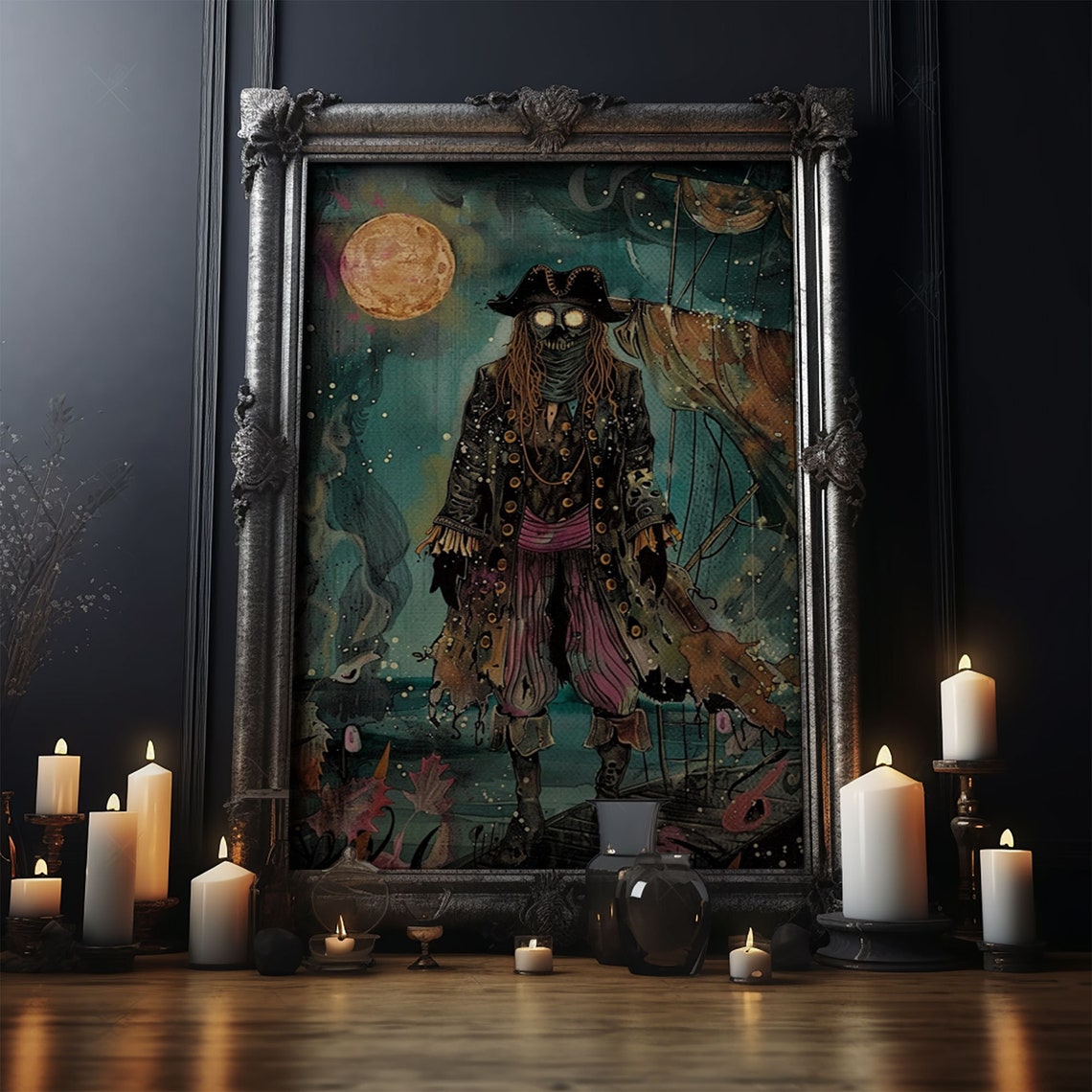 Ghost Pirate Glowing Eyes Full Moon Ship Halloween Art Poster - Image 4