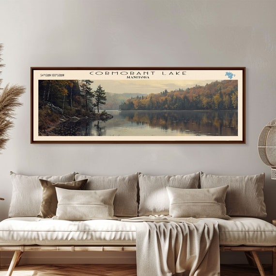 Cormorant Lake Framed Print Lake House Decor Panoramic Wide Art Travel Poster Rustic Lake Painting Home Decor