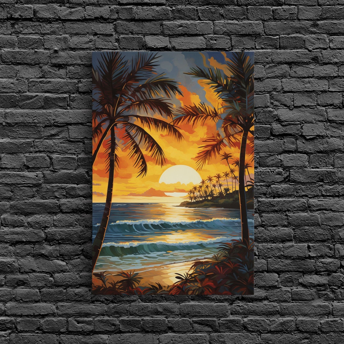 Tropical Beach Sunset Palm Trees Ocean Waves Retro Surf Style Poster