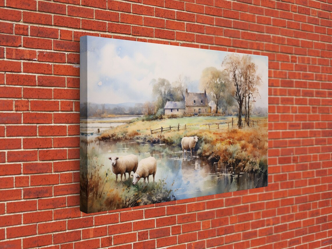 Sheep Grazing By The River, Vintage Landscape Art Print - Image 2