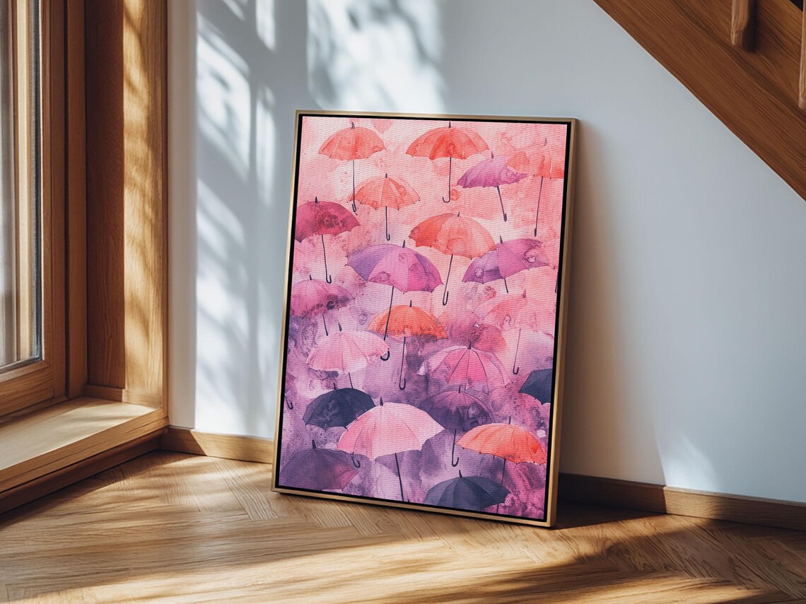 Floating Pink Purple Umbrellas Watercolor Art Print Whimsical Poster - Image 4