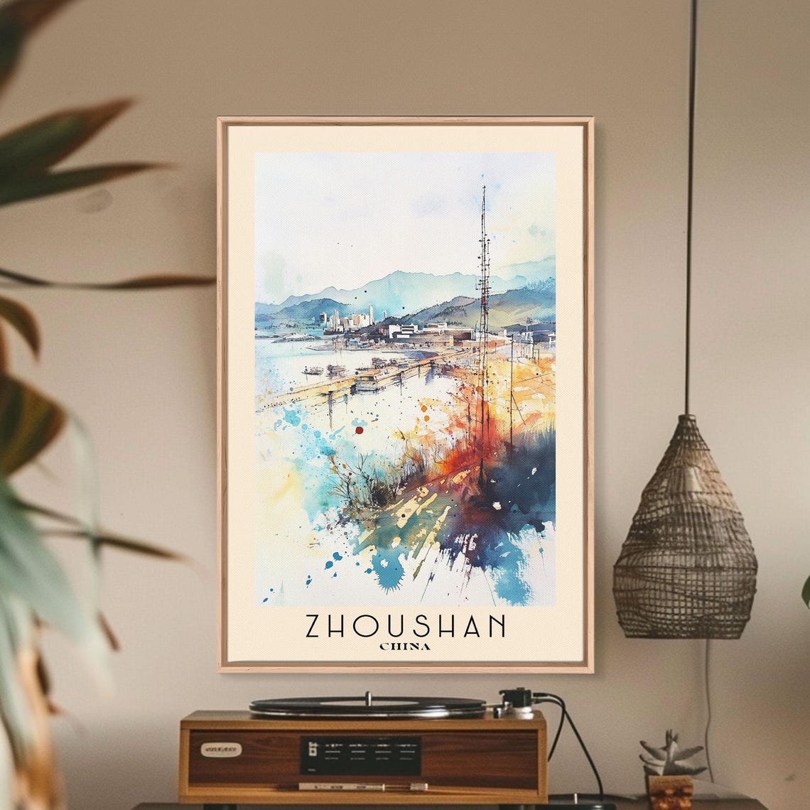 Zhoushan China Watercolor Harbor Mountain Bay View Travel Poster - Image 3