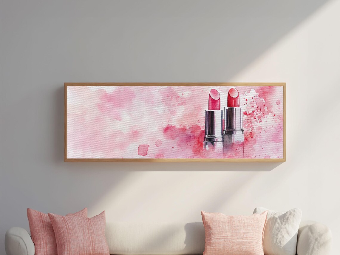 Pink Lipstick Duo Silver Tubes Watercolor Beauty Still Life Panoramic Art Poster - Image 4