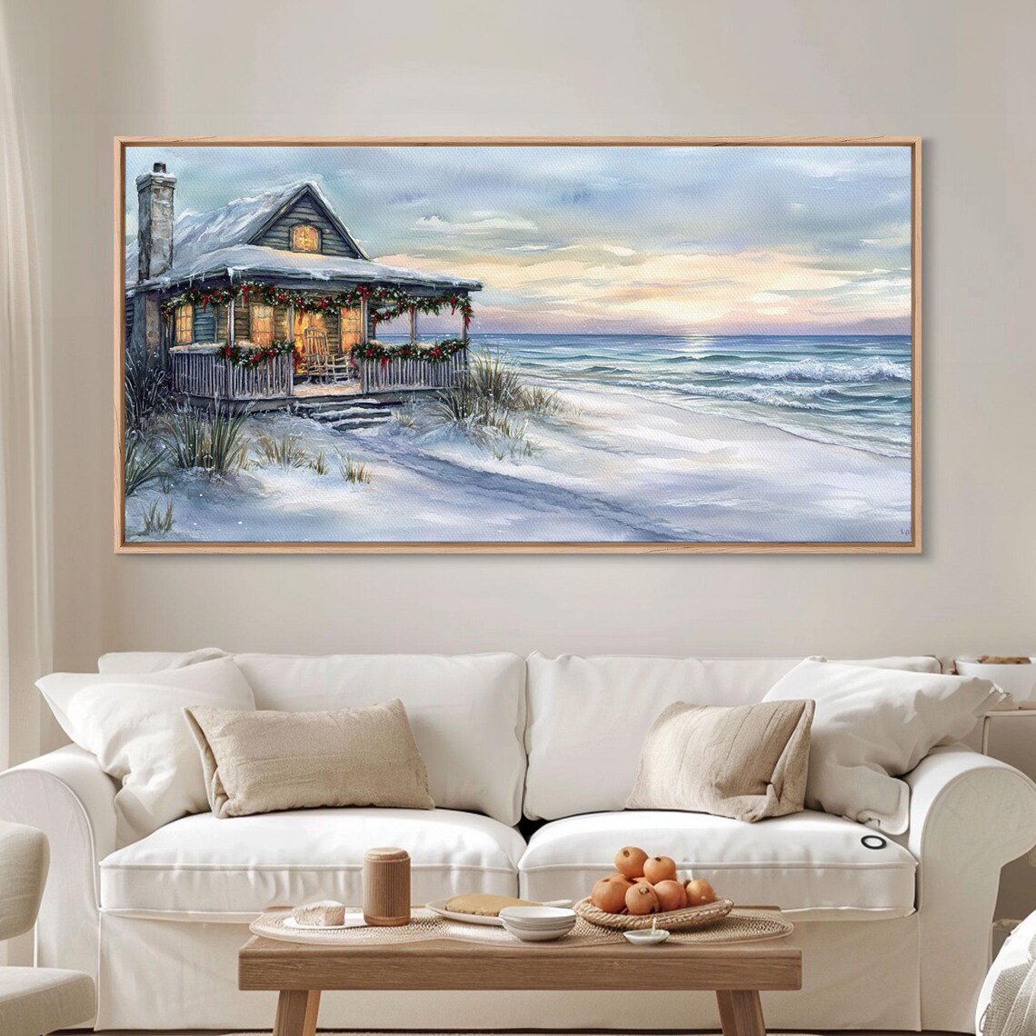 Snowy Beach Cottage Christmas Garland Porch Ocean Sunset Art Print