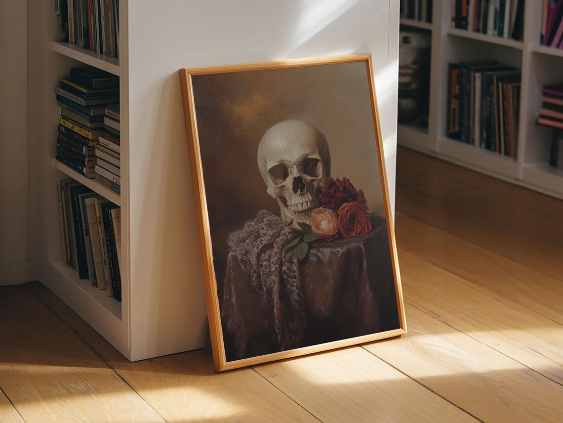Skull And Roses Dark Academia Still Life Oil Painting Memento Mori Wall Art