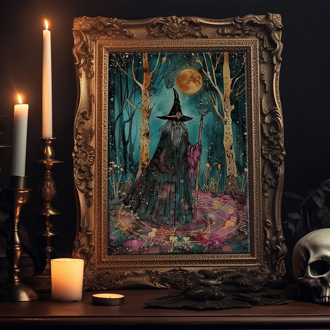 Bearded Wizard Moonlit Forest Full Moon Magic Fantasy Art Wall Poster - Image 6