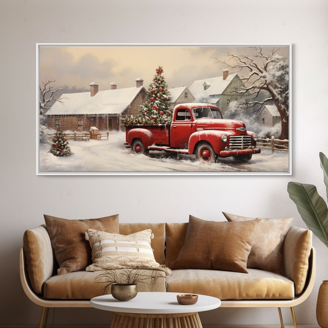 Vintage 1950s Red Truck Christmas Trees, Farmhouse Art Print