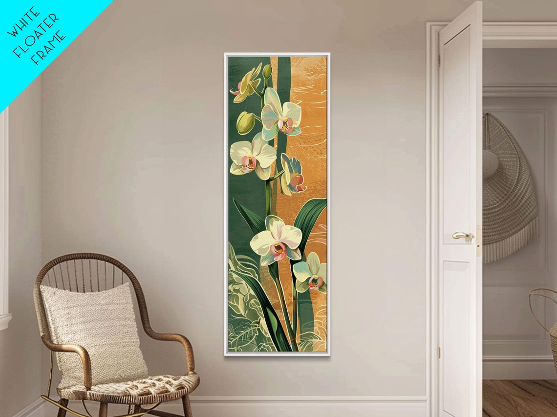 Delicate White Orchid Blossoms Teal Gold Japanese Vertical Print - Image 4