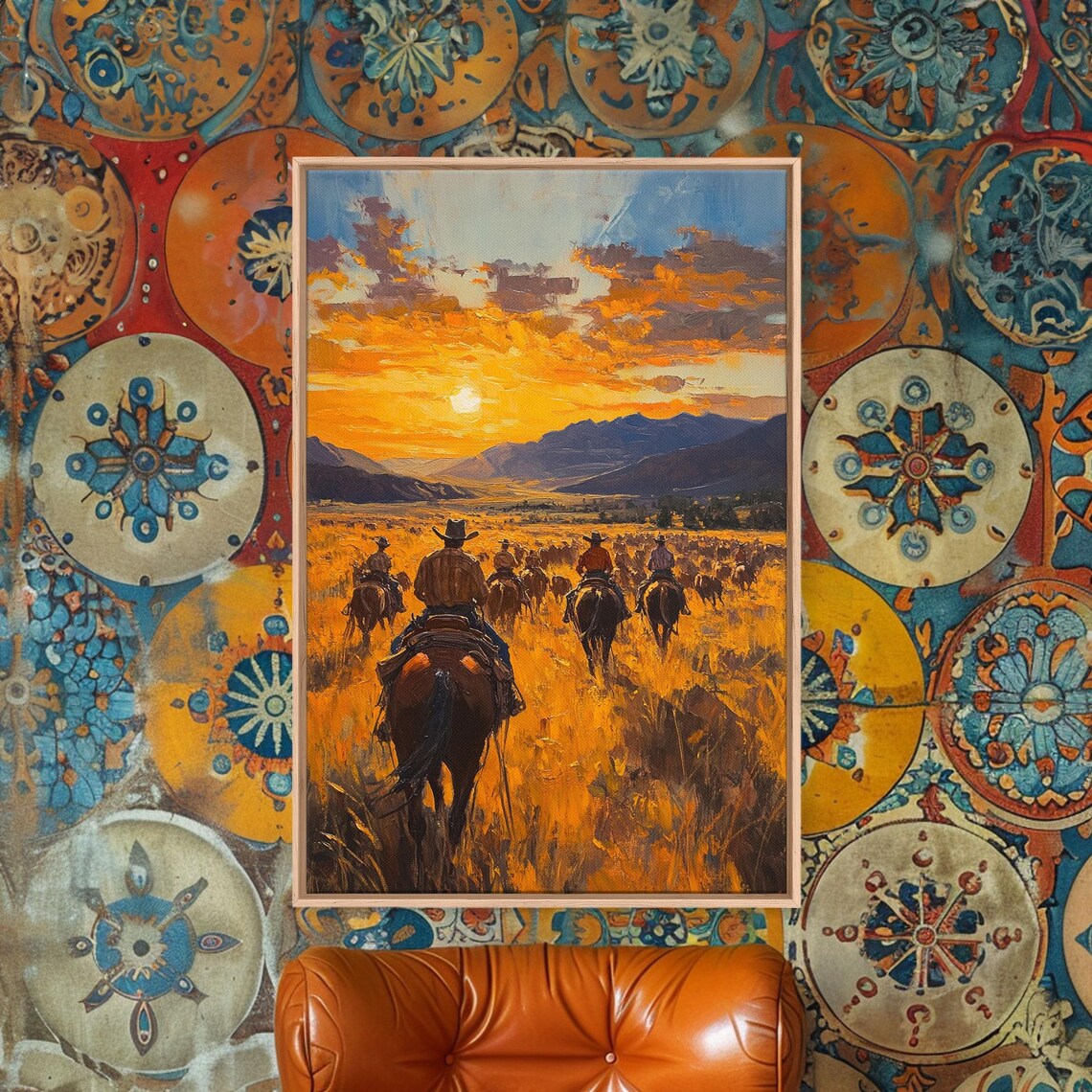 Cowboys Riding Cattle Drive At Golden Sunset Mountains Poster - Image 4