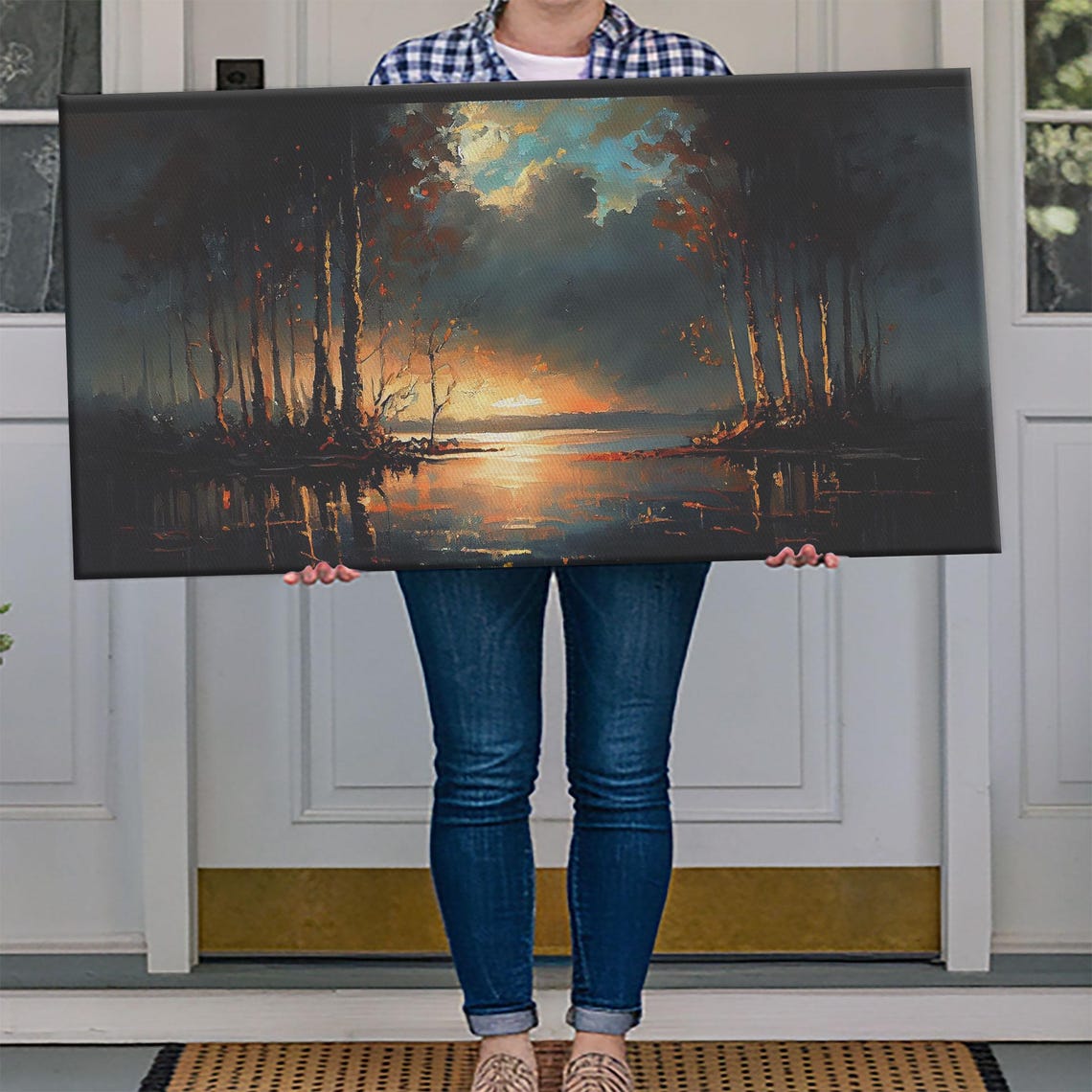 Moody Dark Lake Sunset Orange Glow Reflection Vintage Style Poster - Image 4