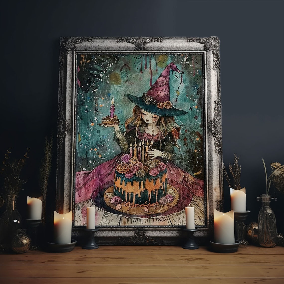 Witch Birthday Party Cake Candles Cute Whimsical Watercolor Poster