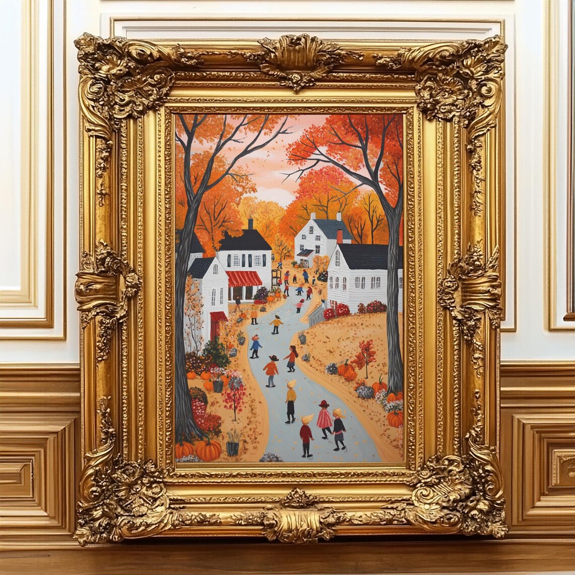 Autumn Village Folk Art With Children Pumpkins And Fall Foliage Poster - Image 5