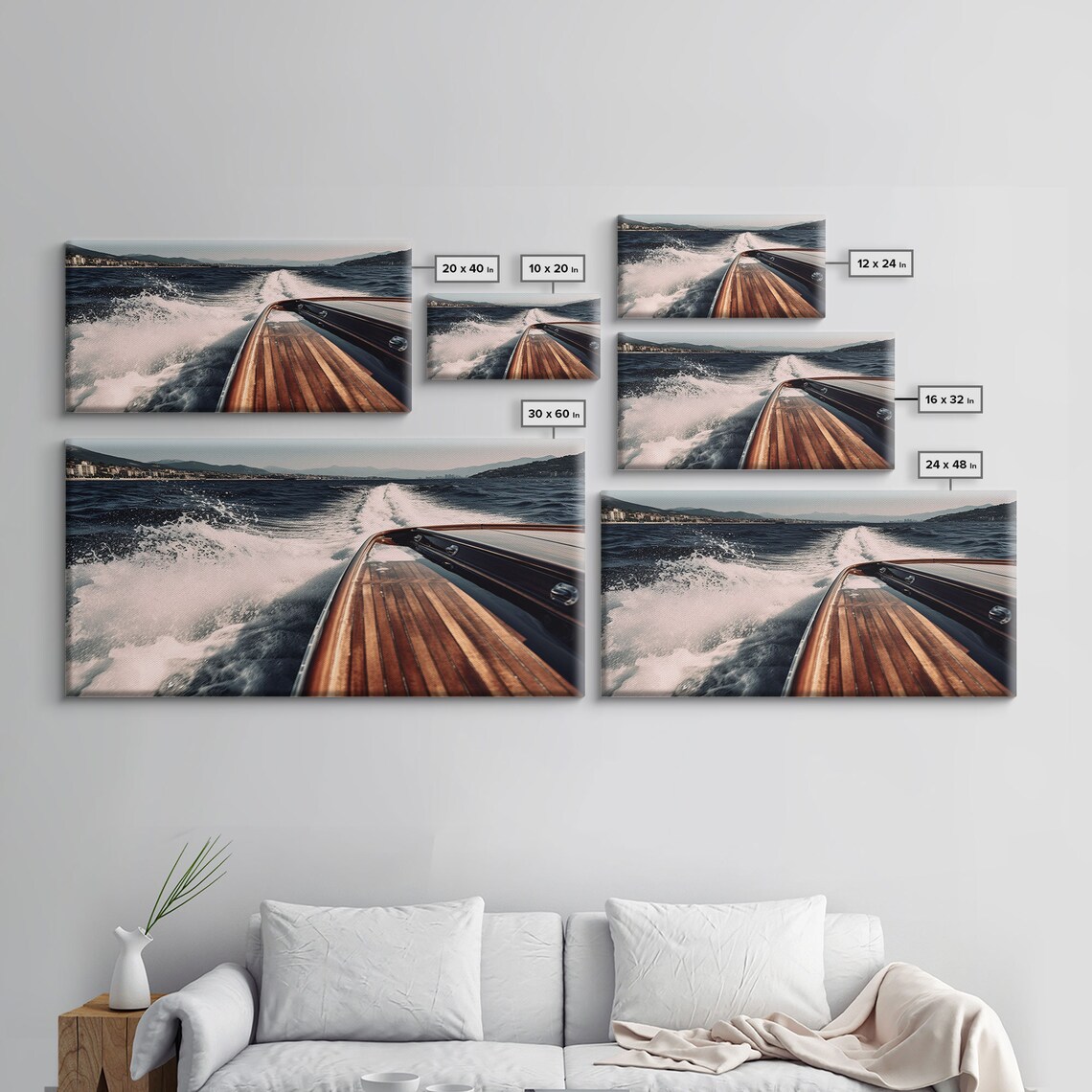 Classic Wooden Speedboat White Wake Open Sea Coastline Poster - Image 2