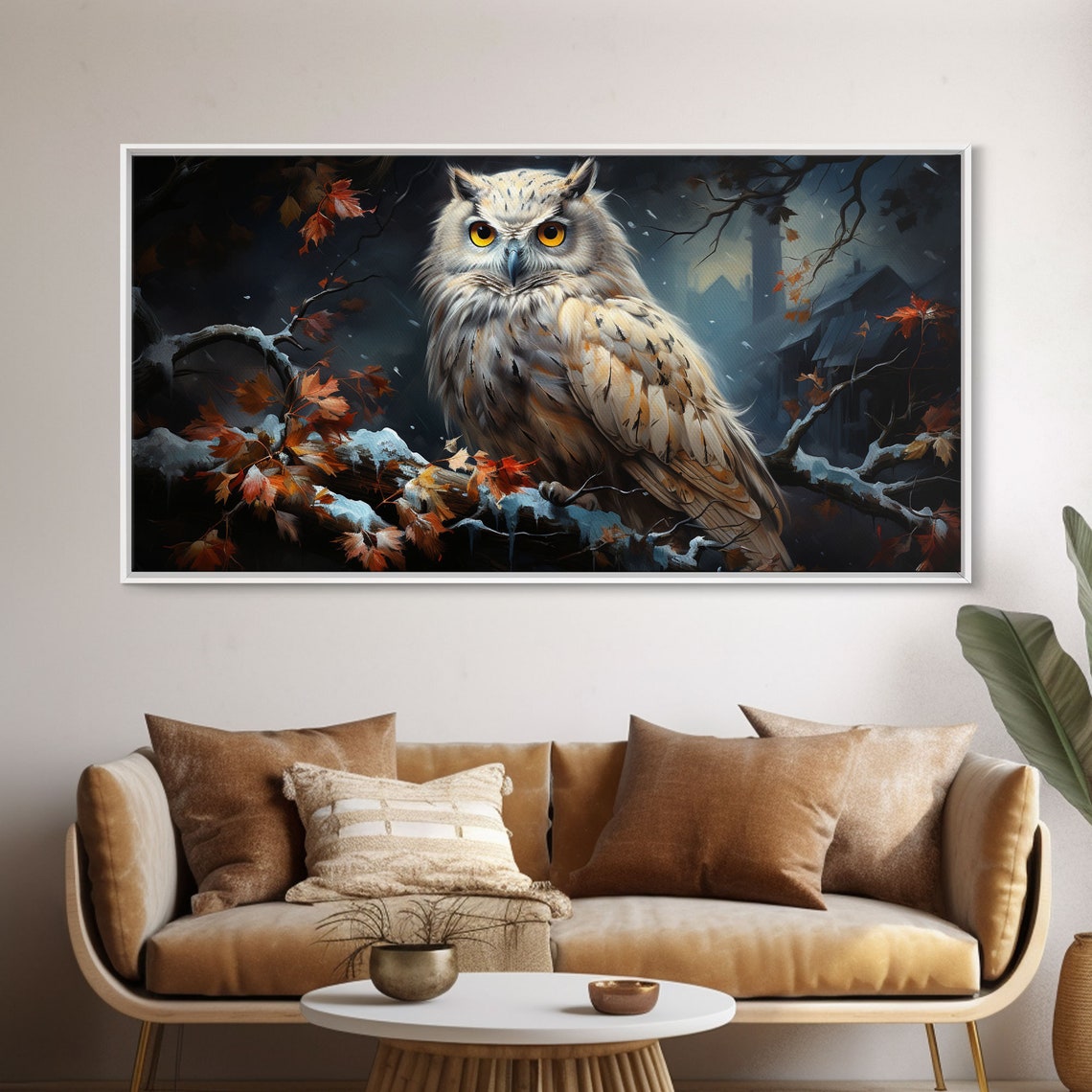 Snowy Owl On Winter Branch Autumn Leaves Night Forest Poster