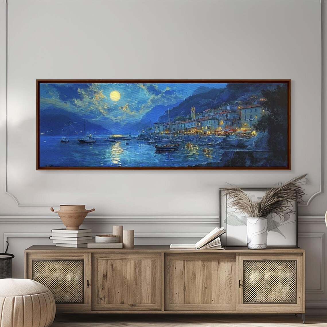 Midnight Full Moon Over Italian Coastal Harbor Night Lights Poster - Image 6