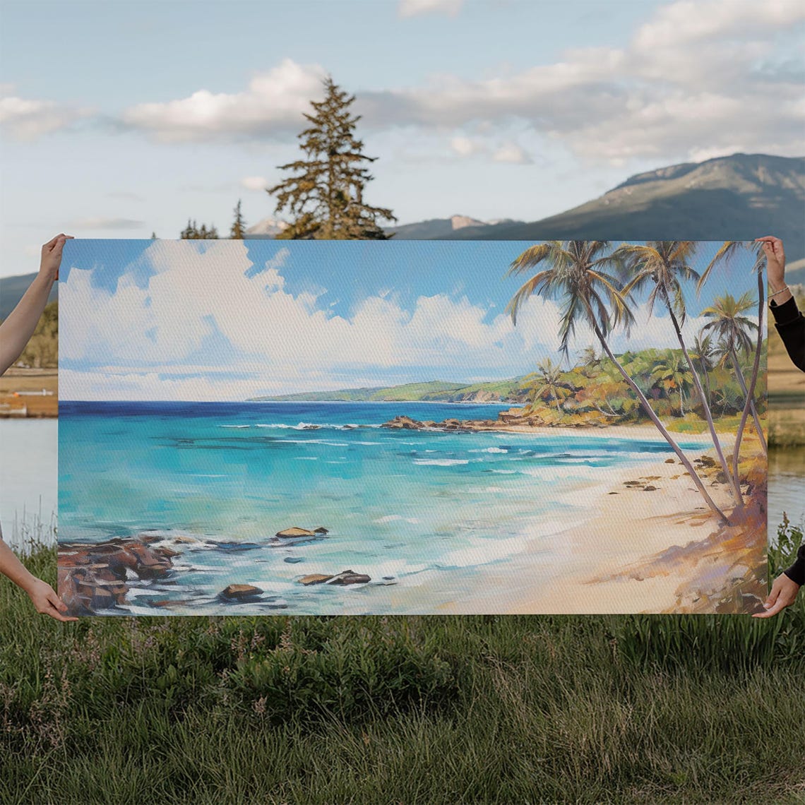 Tropical Palm Tree Beach Turquoise Ocean Sandy Cove Painting Poster