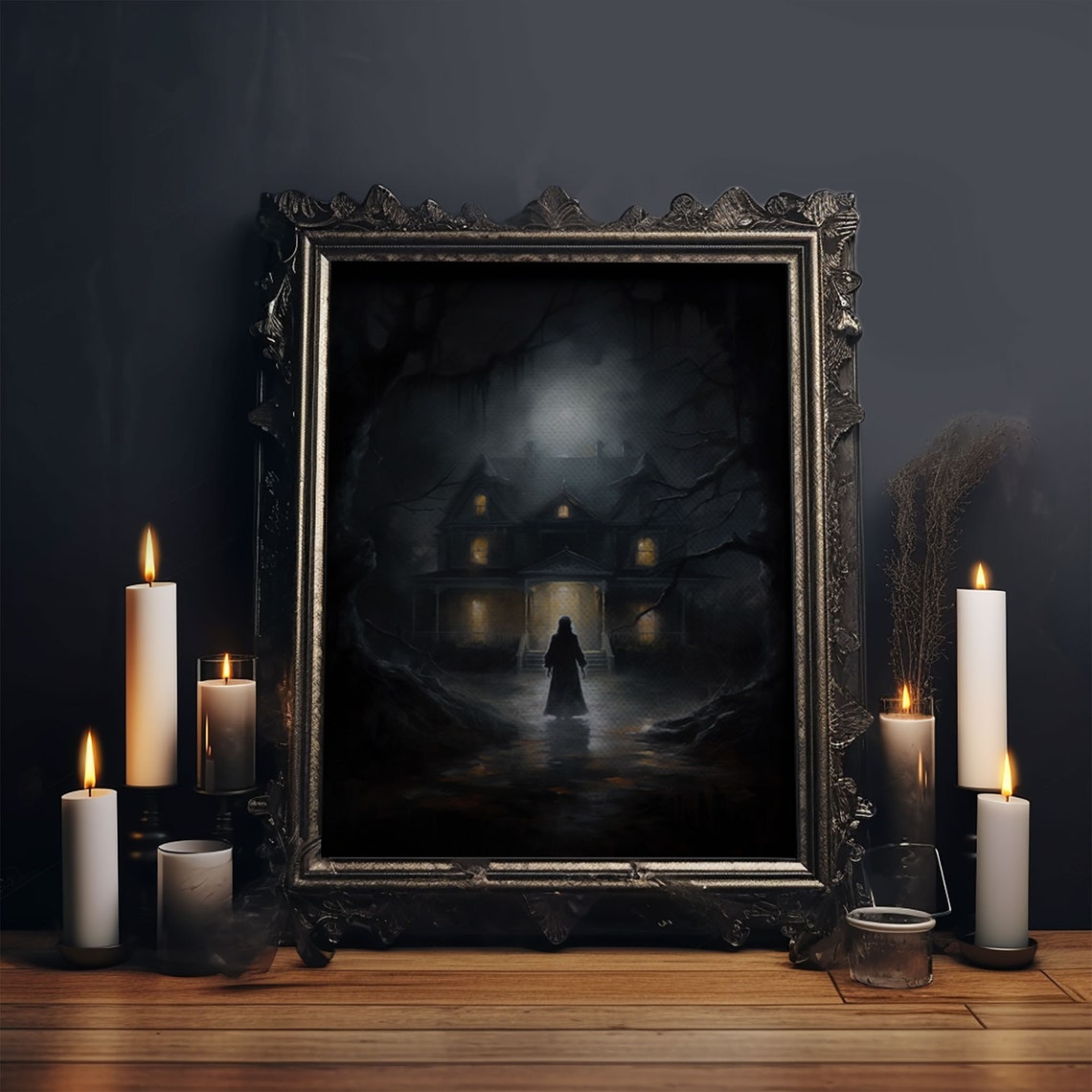 Haunted Mansion Moonlight Hooded Figure Dark Gothic Horror Art Poster - Image 5