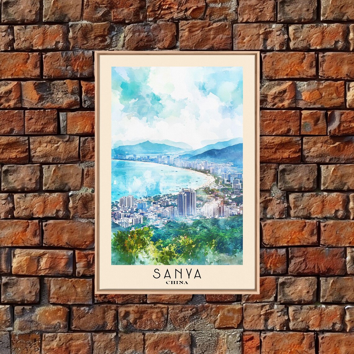 Sanya China Aerial Bay View Crescent Beach City Mountains Watercolor Poster - Image 4