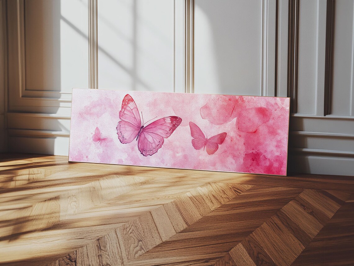 Pink Watercolor Butterflies Whimsical Trio Horizontal Wall Art Poster - Image 3