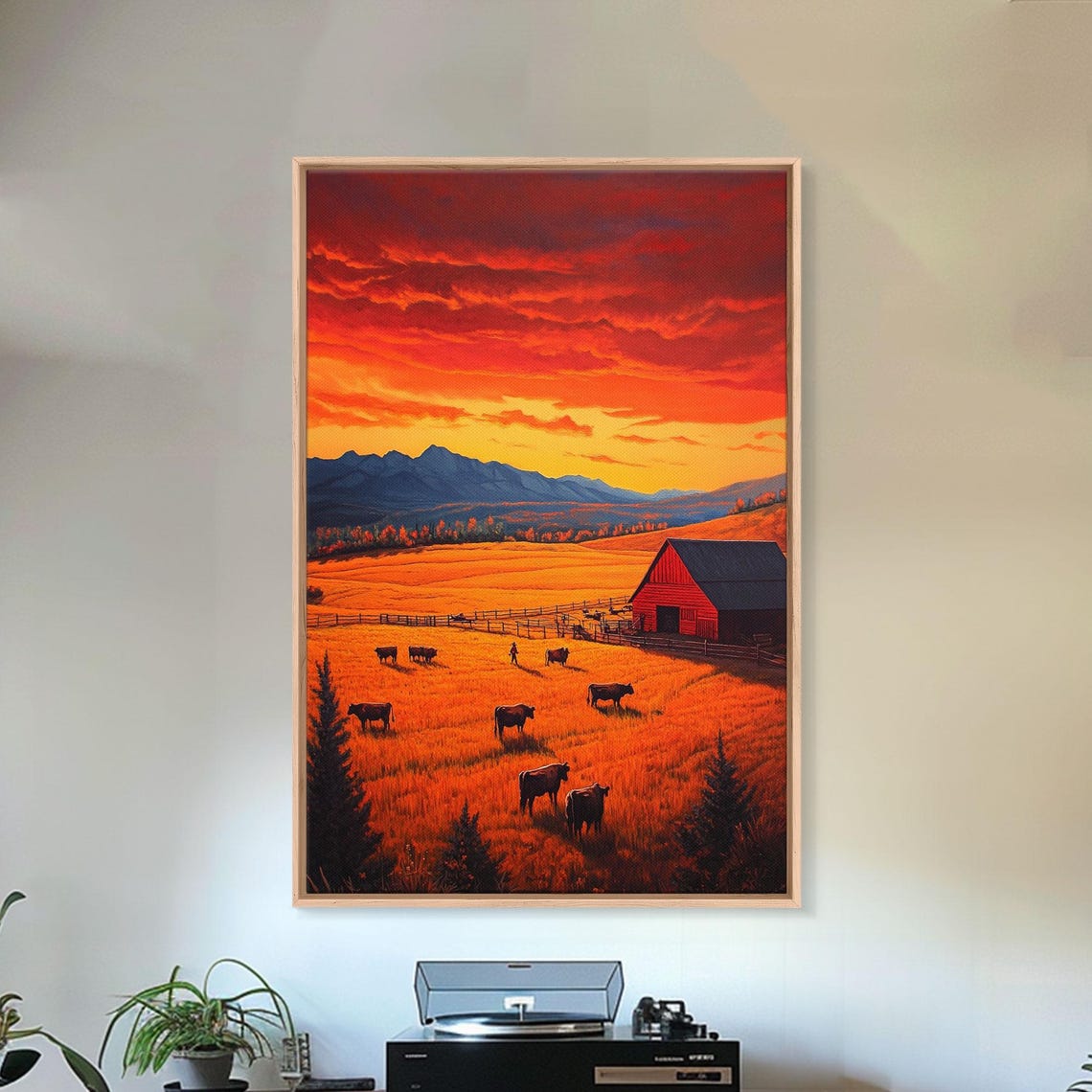 Golden Fields At Sunset With Red Barn Grazing Cows Farm Poster - Image 2