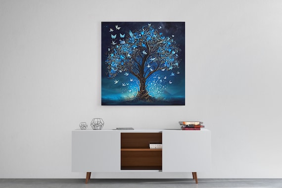 Glowing Blue Butterflies In A Fantasy Tree, Art Print