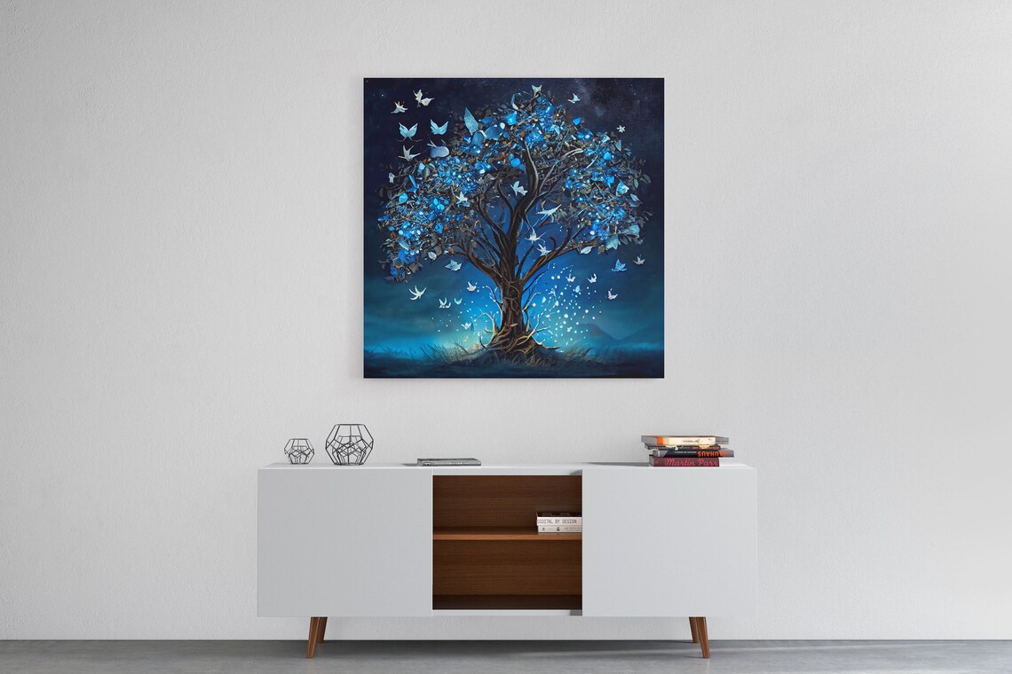 Glowing Blue Butterflies In A Fantasy Tree, Art Print