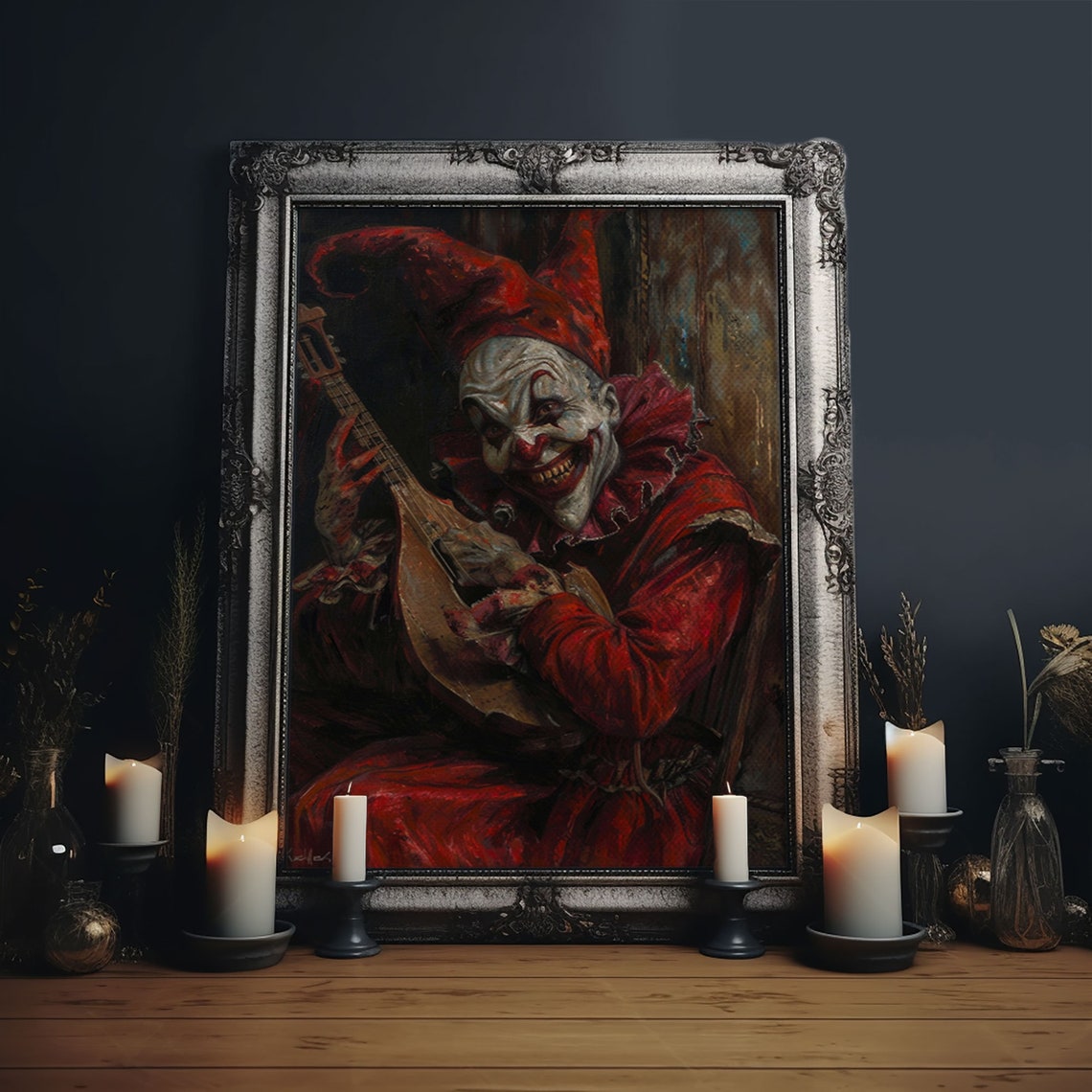 Sinister Jester Playing Mandolin With Bloody Hands Halloween Art Print